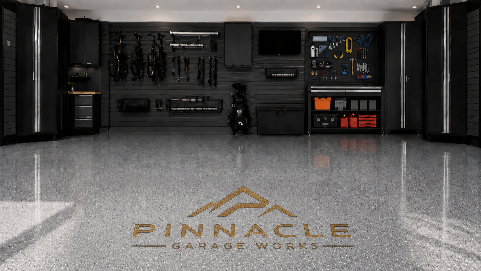 Pinnacle Garage Works crown logo embedded in garage floor coating