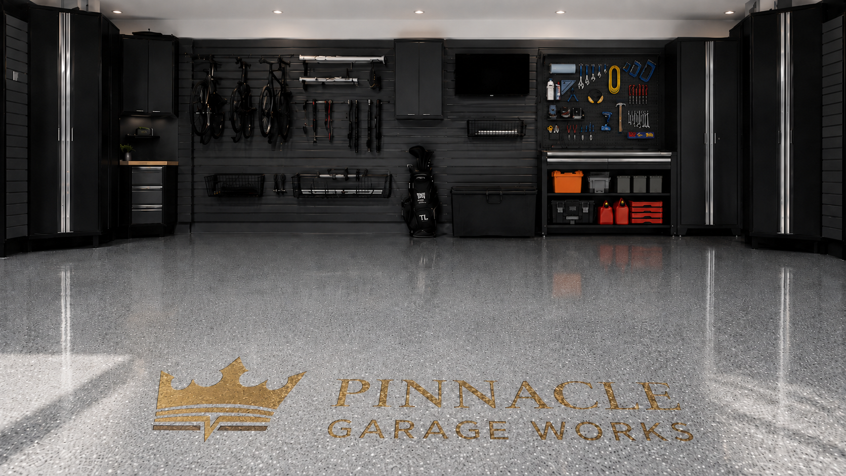 Custom Pinnacle Garage Works logo embedded in a polyaspartic garage floor coating