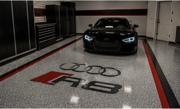 Audi R8 emblem embedded in garage floor coating