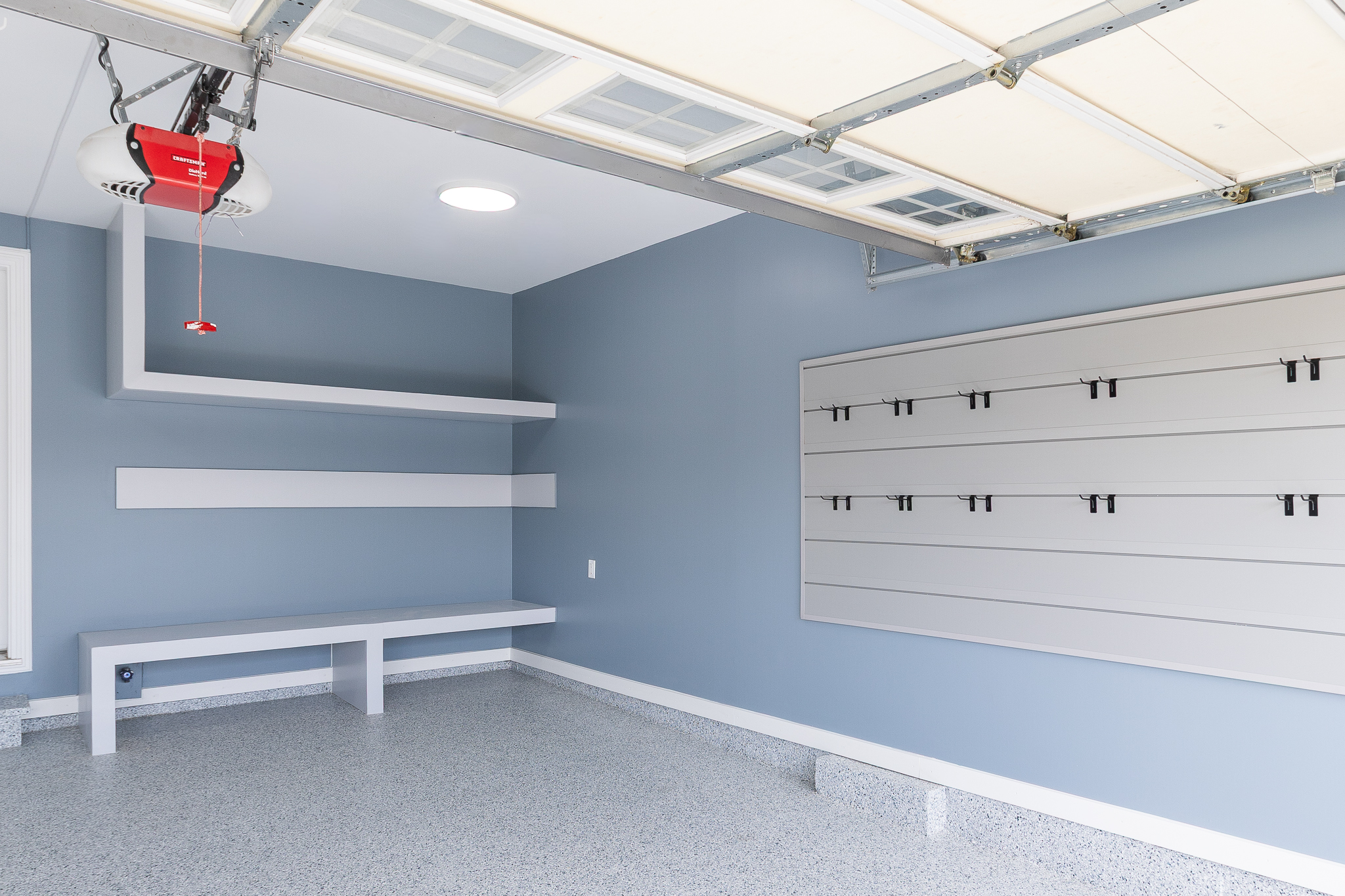 Slatwall tool organization and overhead storage, Pinnacle Garage Works completed job