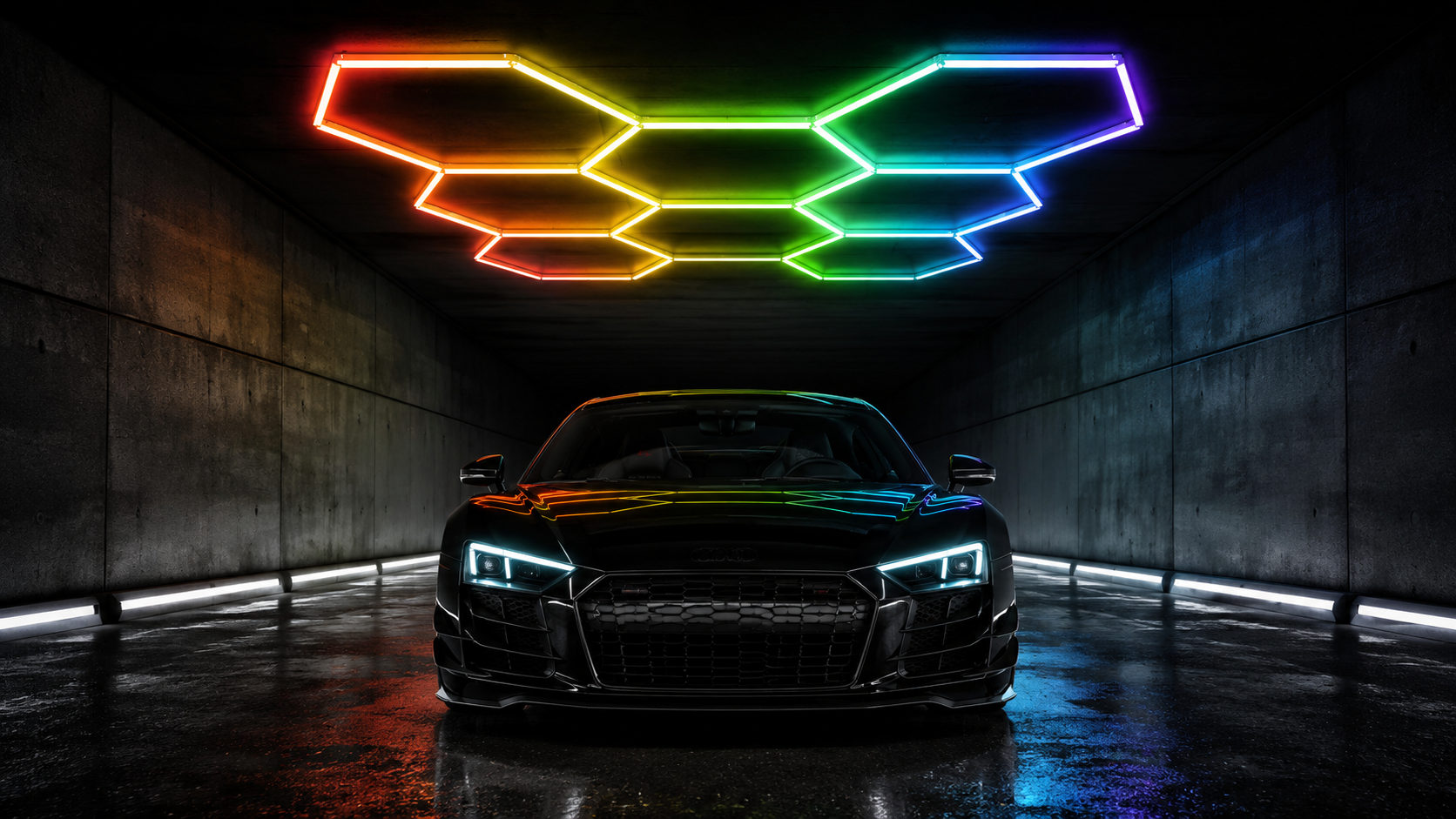 Multi-colour LED garage lighting installation