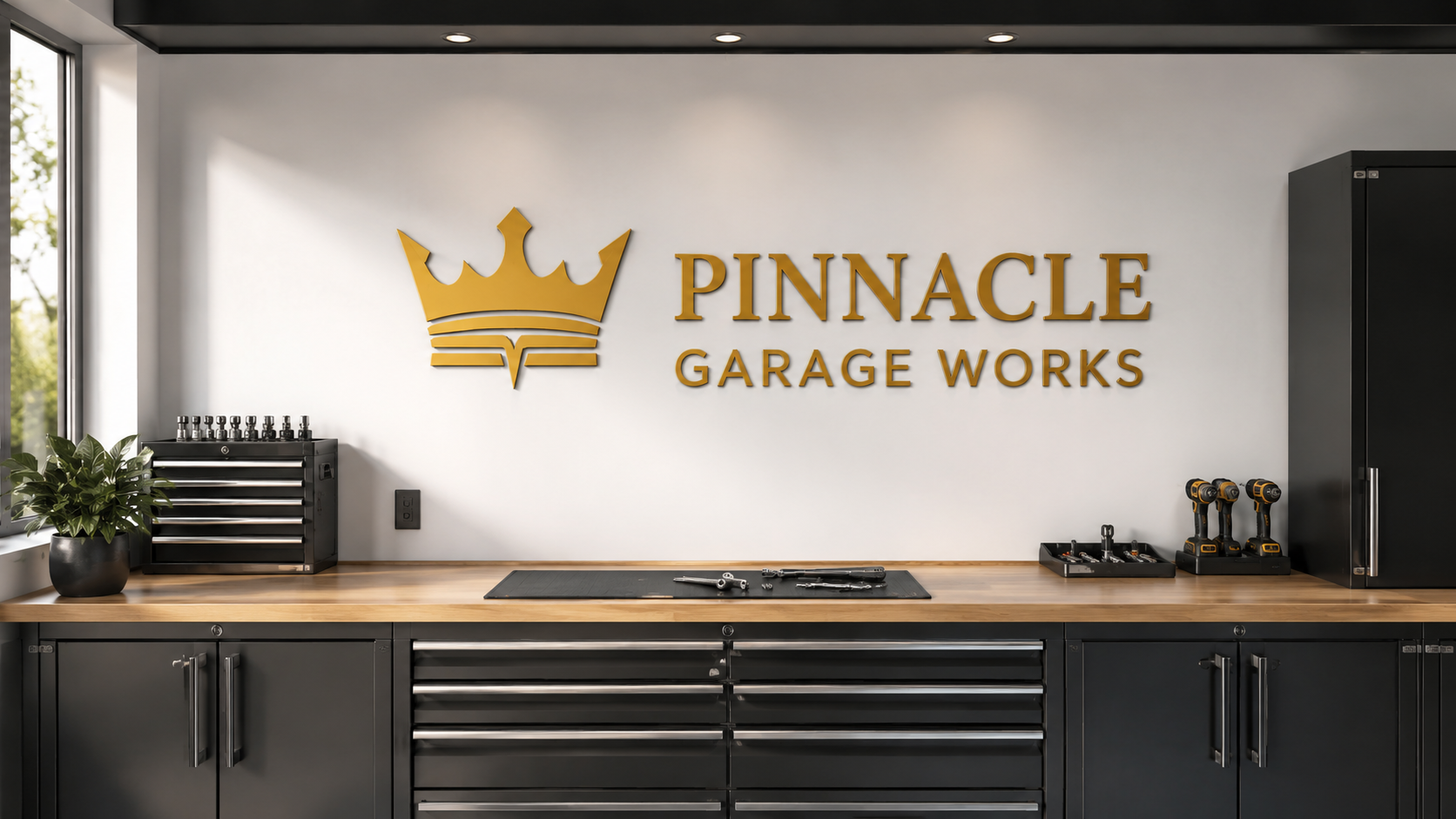 Custom vinyl wall decal sign in a garage