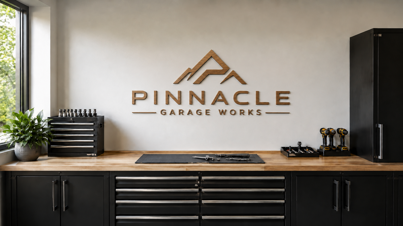 Pinnacle Garage Works custom name sign mounted above a wood-top workbench