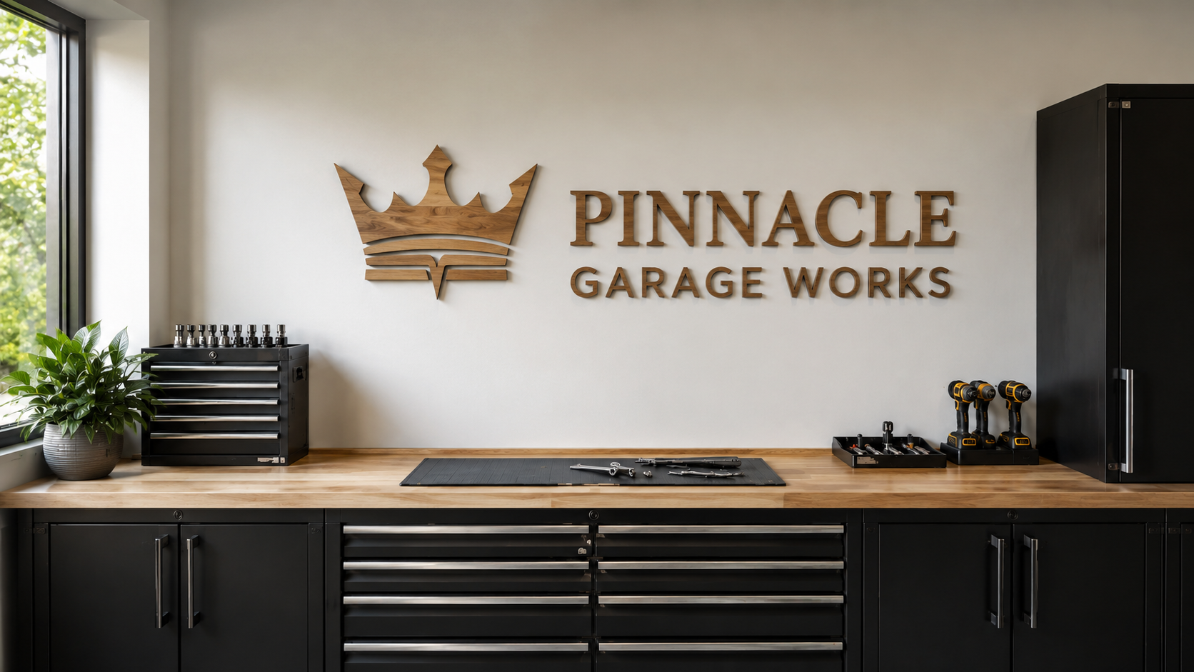 Pinnacle Garage Works custom name sign mounted above a wood-top workbench