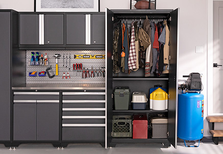 NewAge tool cabinet and locker storage system with pegboard